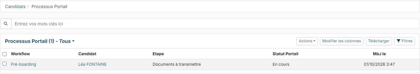 Liste Processus Portail avec un workflow de pré-boarding en cours