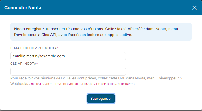 Fenêtre Connecter Noota, champ clé vide