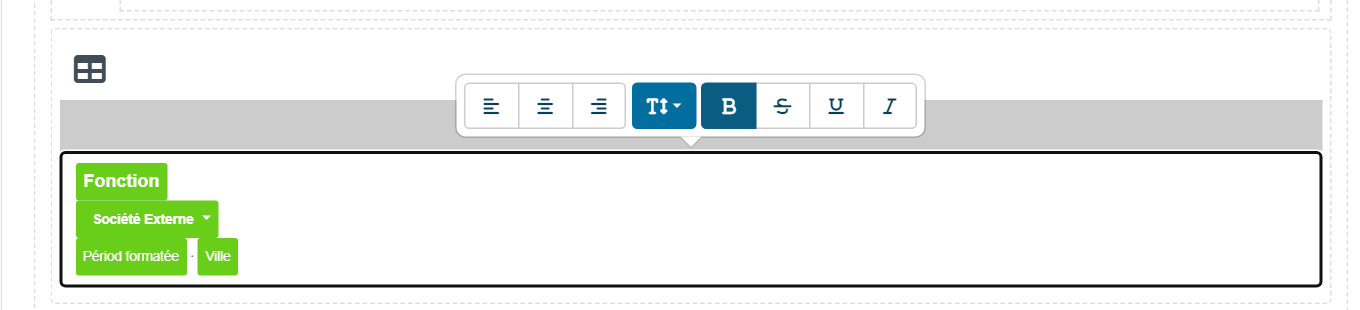 Experiences table: job title, external company, period and city fields, with its toolbar