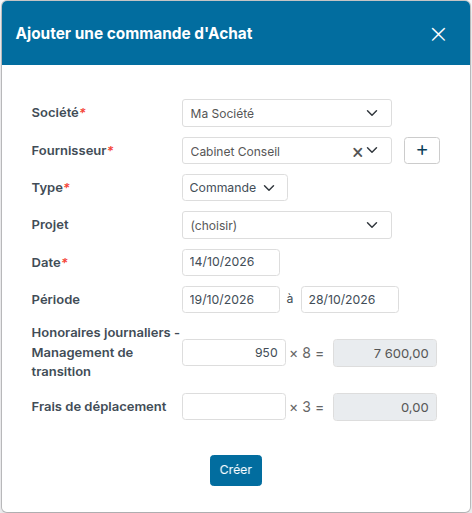 Fenêtre Ajouter une commande d'Achat : une ligne de prix d'achat par ligne de la commande de vente