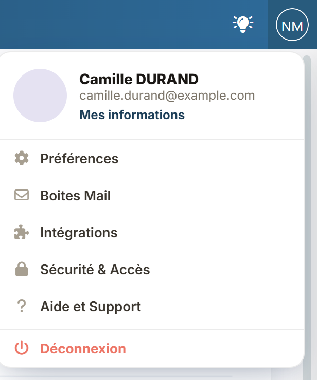 Menu du compte en haut à droite : Mes informations, Préférences, Boites Mail, Intégrations