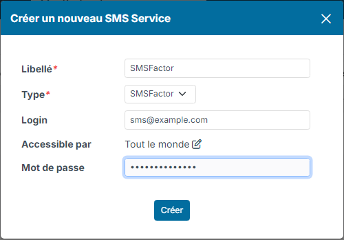 Fenêtre Créer un nouveau SMS Service avec le type SMSFactor