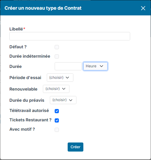 Create a new contract Type window
