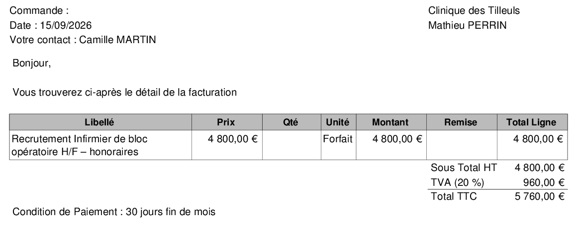 PDF d'une facture généré avec le modèle Facture : client, lignes et totaux
