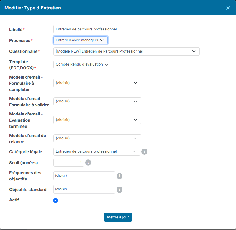 Fenêtre Modifier Type d'Entretien pour un entretien de parcours professionnel
