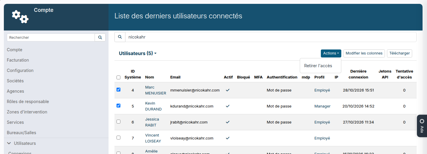 Liste des utilisateurs : deux utilisateurs cochés, menu Actions ouvert sur Retirer l'accès