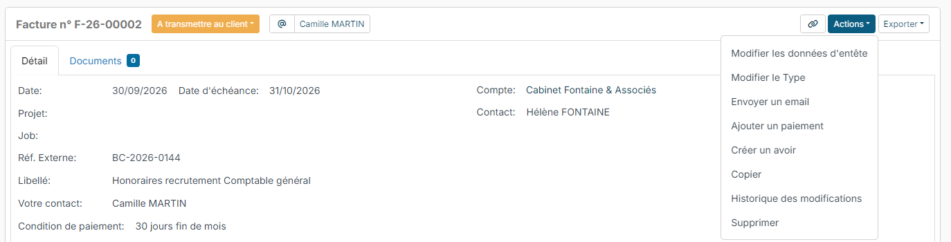 Actions menu of an invoice with the send email entry
