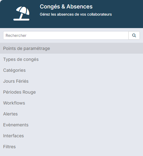 Menu du paramétrage du module Congés & Absences