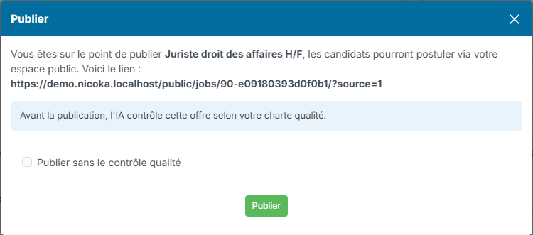 Fenêtre Publier avec le rappel du contrôle qualité