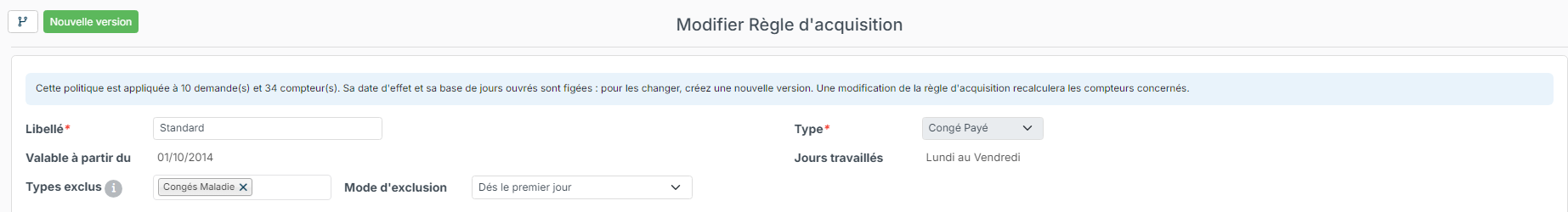 Page Modifier Règle d'acquisition : Types exclus et Mode d'exclusion