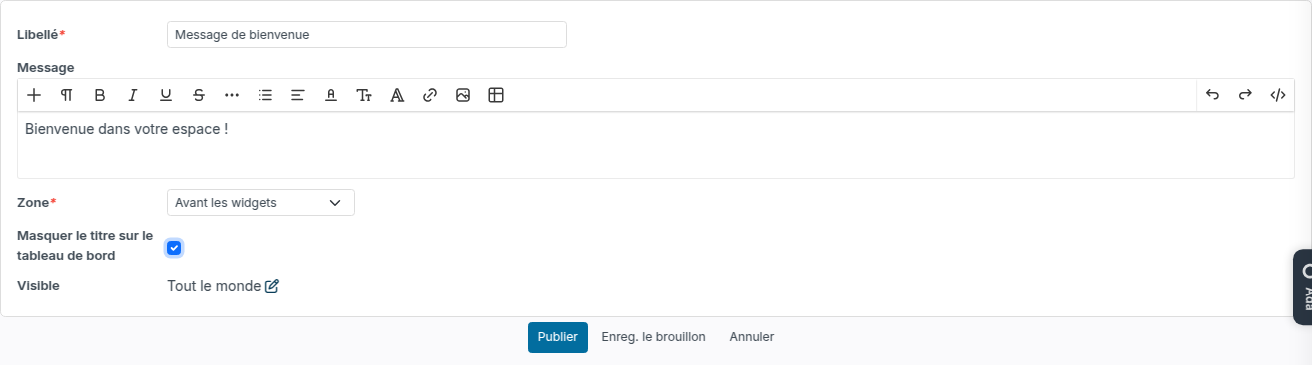 Formulaire d'une annonce avec la zone Avant les widgets et la case Masquer le titre sur le tableau de bord cochée