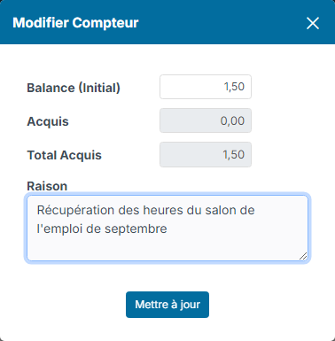 Update TimeOff Counter window: initial balance, acquired, total acquired and reason