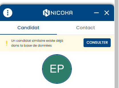 Message Un candidat similaire existe déjà dans la base de données avec le bouton Consulter