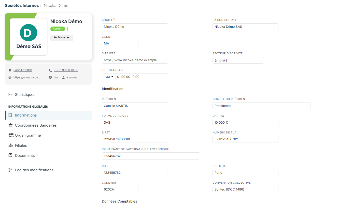 Page Informations de la société Nicoka Démo : en-tête et bloc Identification avec SIRET, TVA et identifiant de facturation électronique