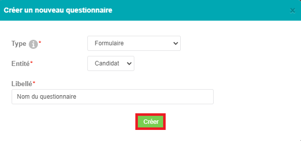 Pop-Up de création de questionnaire