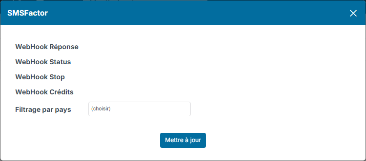 Fenêtre de paramétrage SMSFactor avec les WebHooks et le Filtrage par pays