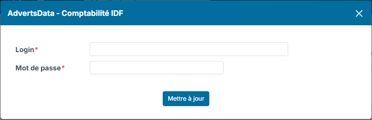Fenêtre de saisie des identifiants AdvertsData, champs vides