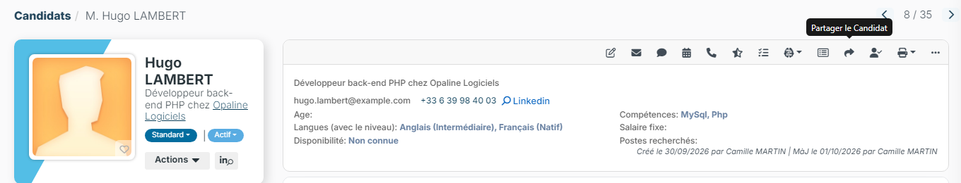 Fiche candidat : icône Partager le Candidat dans la barre d'outils