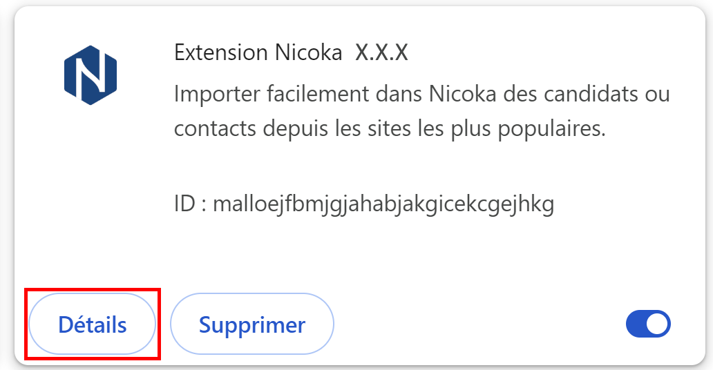 Extension Nicoka card with the Details button