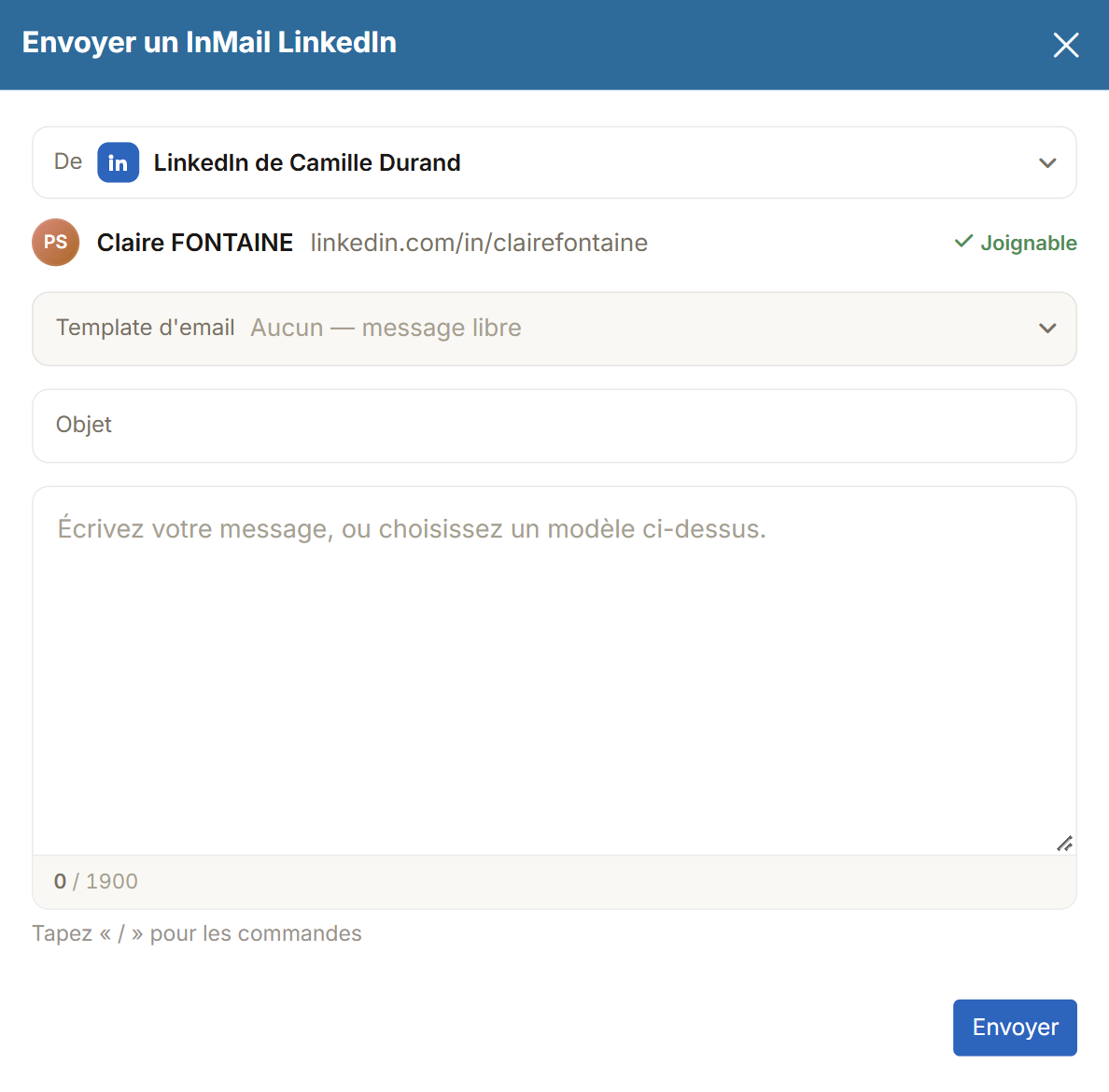 Fenêtre Envoyer un InMail LinkedIn