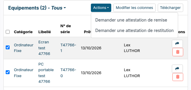 Actions menu of the Assets section: request a handover or return attestation