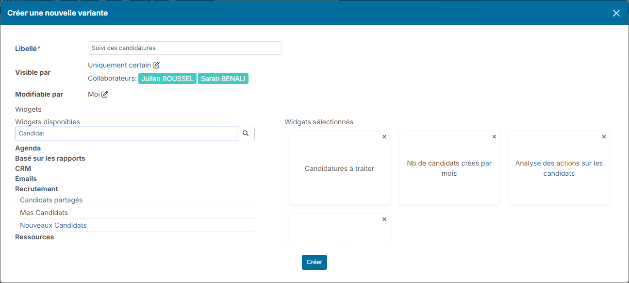 Create a new variant window for a dashboard: label Suivi des candidatures, visible by two employees, selected widgets