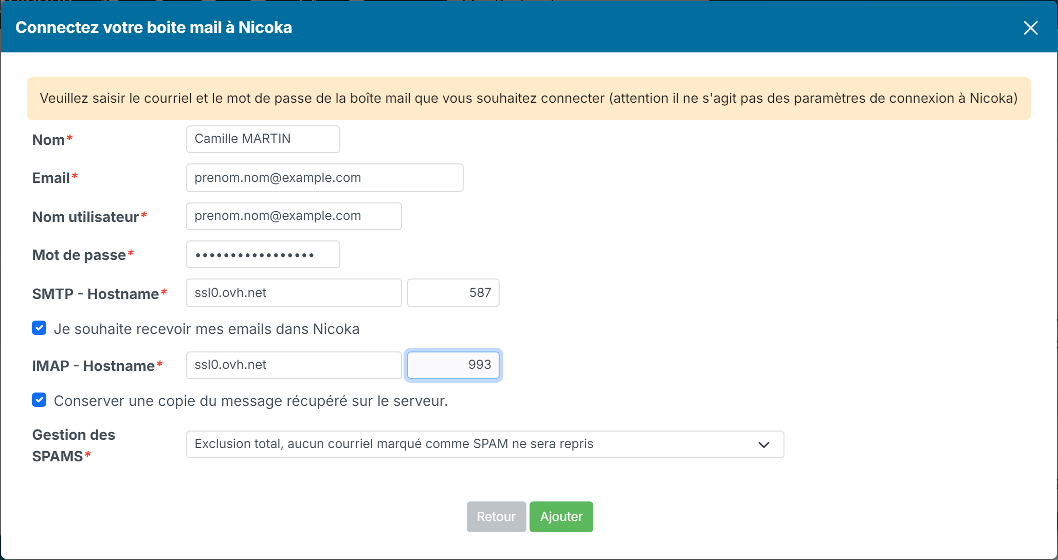Other type of mailbox form filled in with the OVH servers