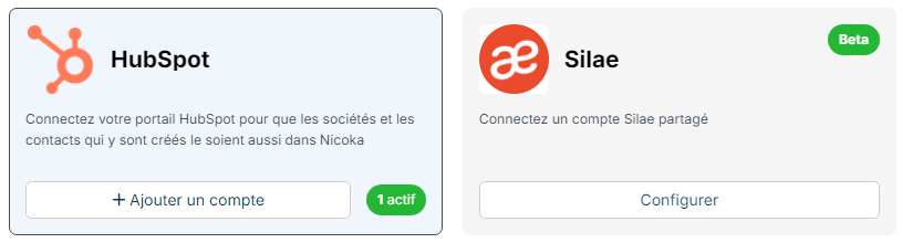Tuile HubSpot de l'écran Intégrations avec son bouton Ajouter un compte