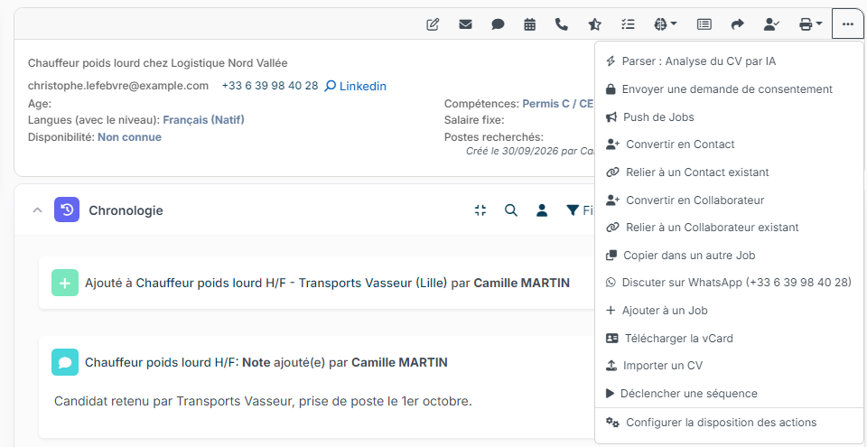 Menu … de la fiche candidat avec Convertir en Collaborateur et Relier à un Collaborateur existant