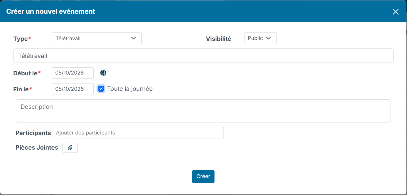 Event creation window: remote work type, Fullday ticked