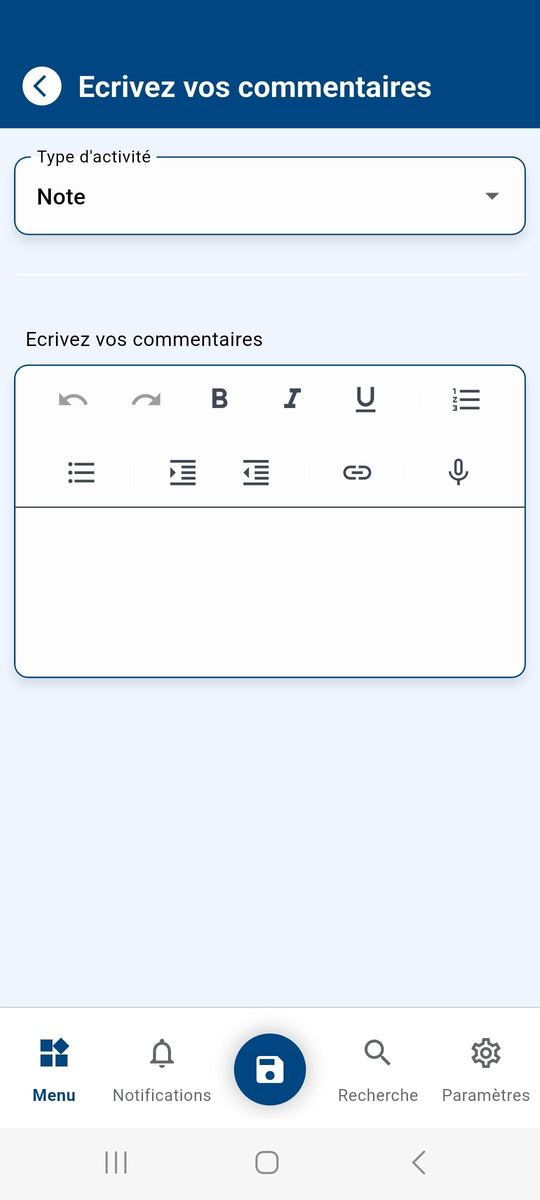 Comment screen: activity type Note and text area