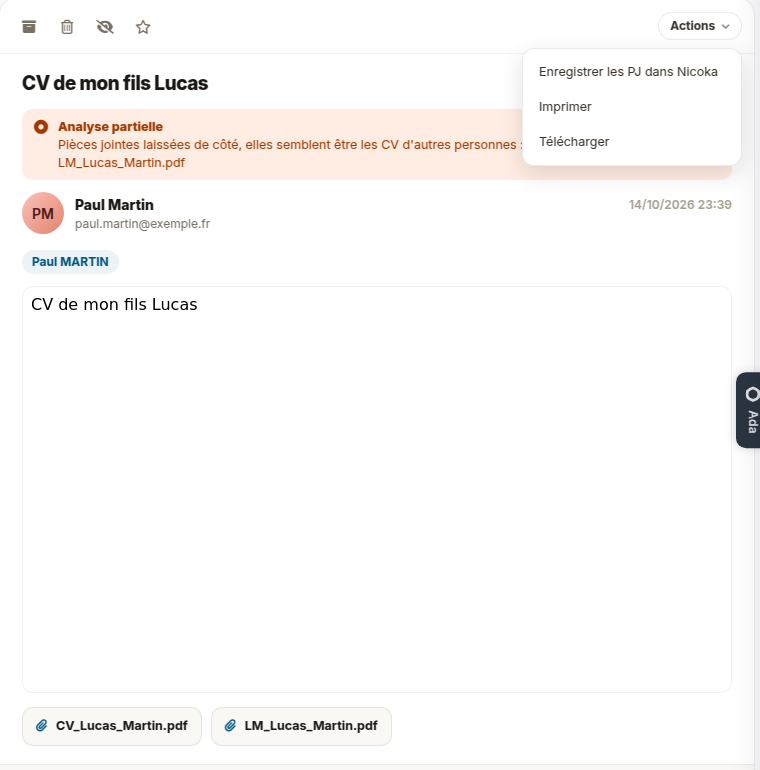 Message en Analyse partielle, menu Actions ouvert sur Enregistrer les PJ dans Nicoka