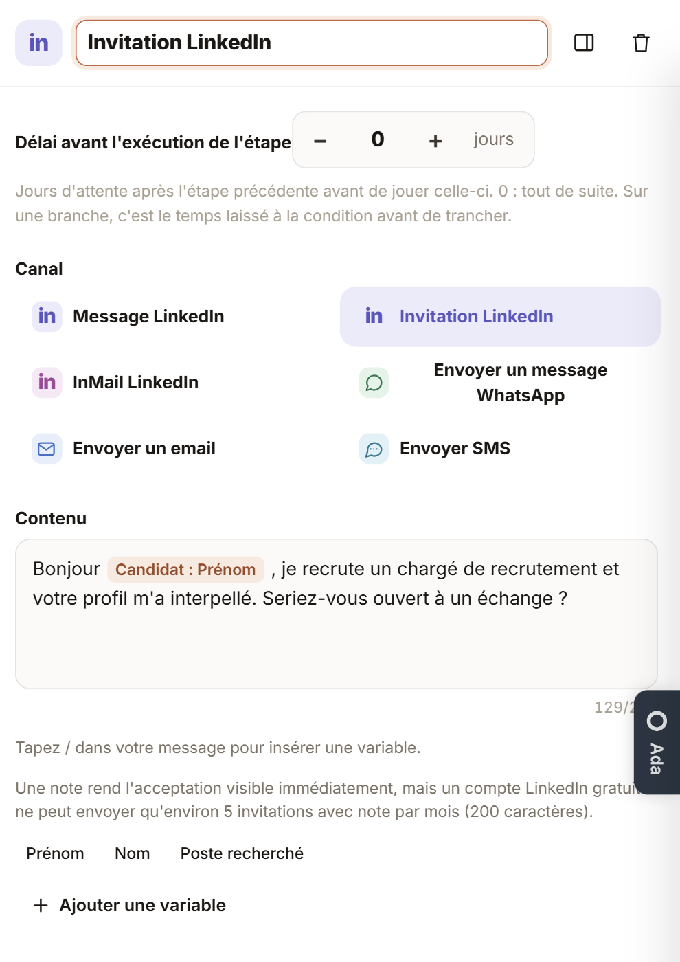 Réglage de l’étape Invitation LinkedIn : délai, canal, note de 200 caractères
