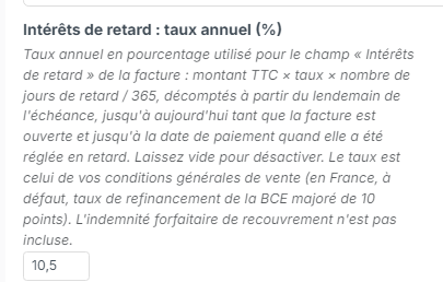 Points de paramétrage, section Factures : champ Intérêts de retard : taux annuel (%) renseigné à 10,5