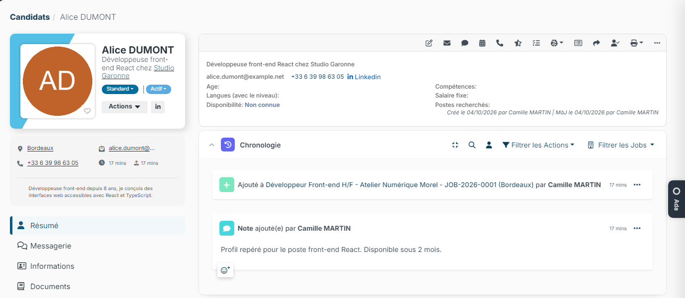 Fiche du candidat créé dans Nicoka : coordonnées, lien LinkedIn, ajout au job et note dans la chronologie