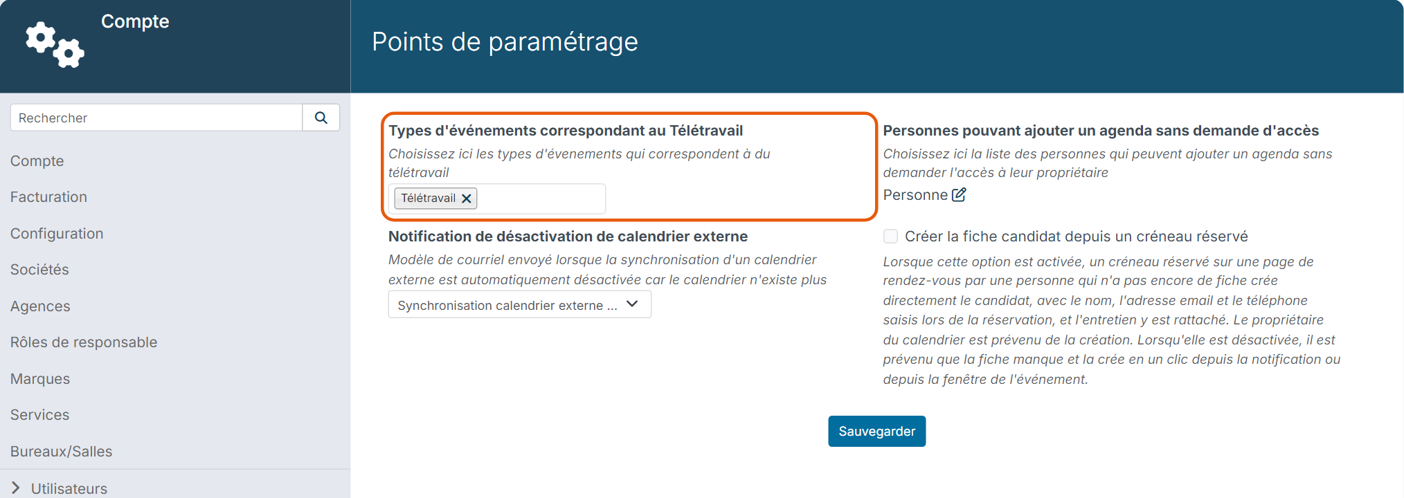 Admin, Agenda, Customizing Points: Teleworking event types