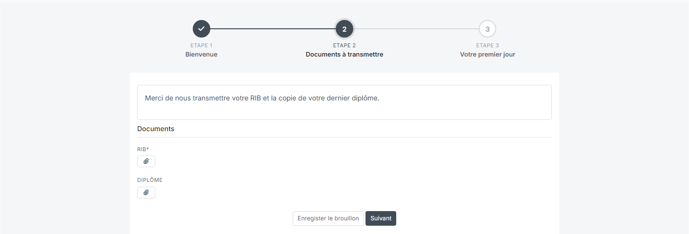 Portail candidat : étape d'import de documents avec RIB obligatoire et Diplôme