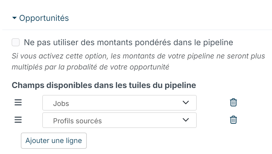 Rubrique Opportunités des points de paramétrage CRM : le champ Jobs ajouté aux champs disponibles dans les tuiles du pipeline
