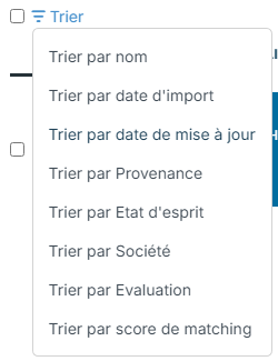 Menu Trier d'une étape avec le choix Trier par score de matching