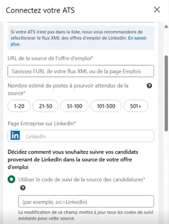 Fenêtre Connectez votre ATS : URL de la source, nombre de postes et code de suivi