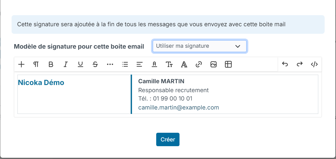 Fenêtre de signature : choix Utiliser ma signature et exemple de signature dans l'éditeur