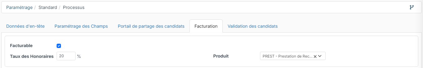 Invoicing tab of a workflow with the Invoiceable box ticked, a 20% placement fees rate and the PREST material