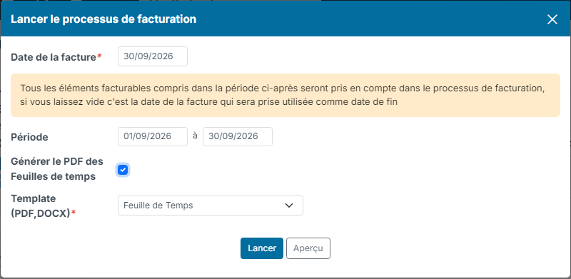 Launch invoicing process window of a project: invoice date, period, timesheet PDF and the Launch and Preview buttons