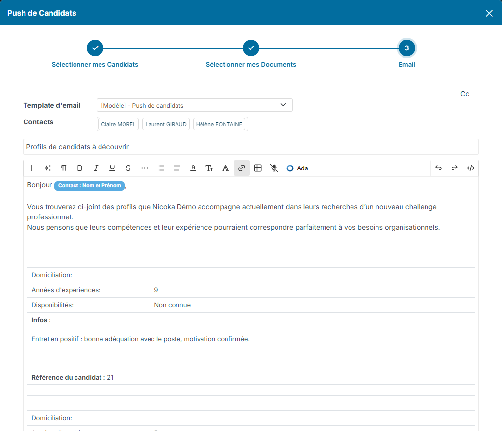 Étape 3 du push de candidats : modèle, destinataires et corps de l'email