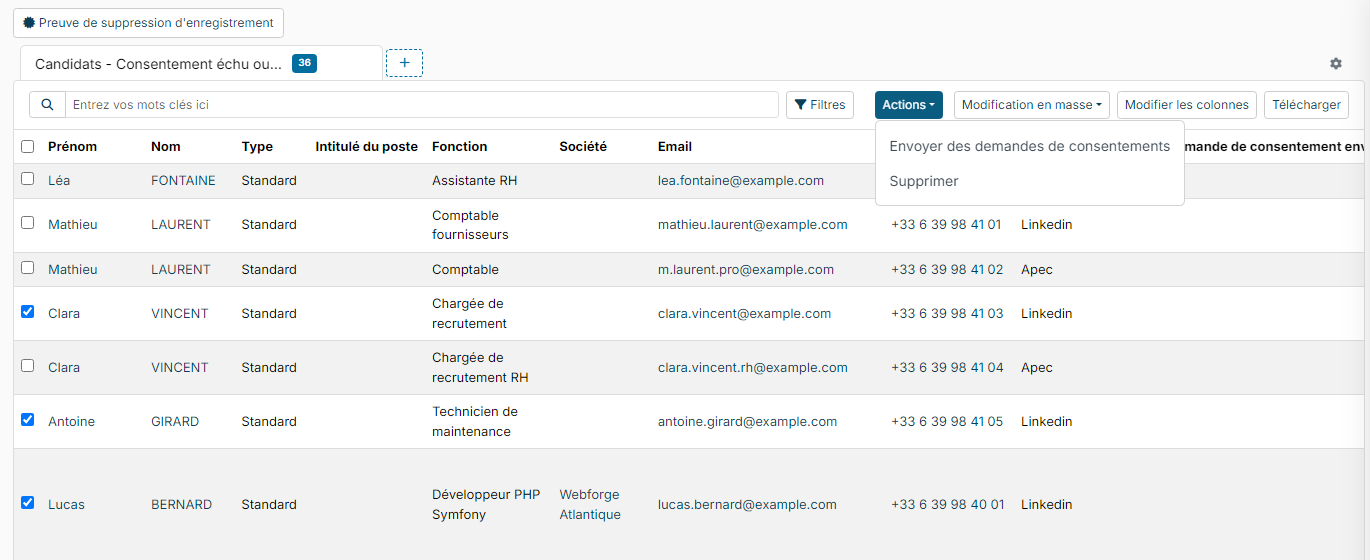 Page Gestion des Consentements avec trois candidats cochés et le menu Actions ouvert
