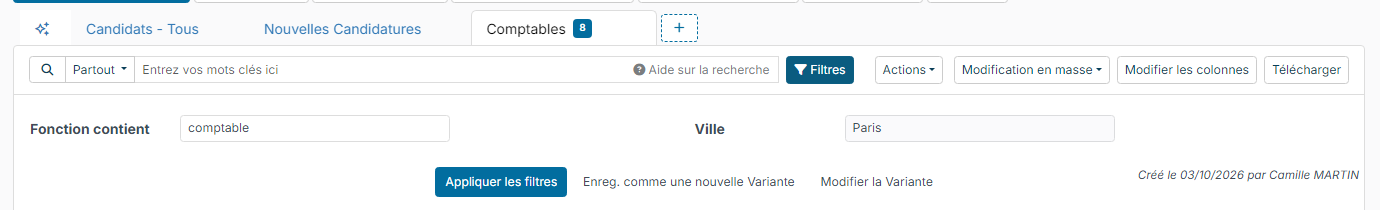 Filters of the Comptables variant: Job title contains comptable and City Paris, with the Apply Filters, Save as a new Variant and Update the Variant buttons