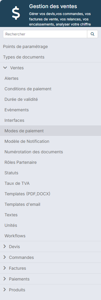 Paramétrage de la Gestion des ventes : rubrique Ventes avec Numérotation des documents, Templates (PDF,DOCX), Templates d'email et Workflows