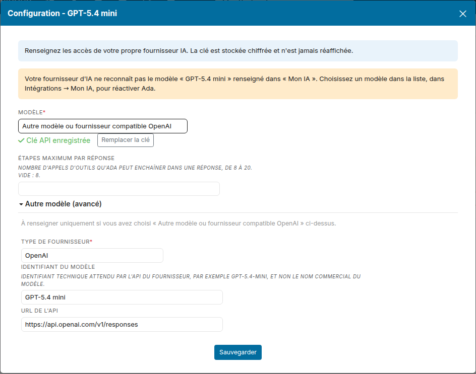 Fenêtre de configuration avec le message de modèle non reconnu