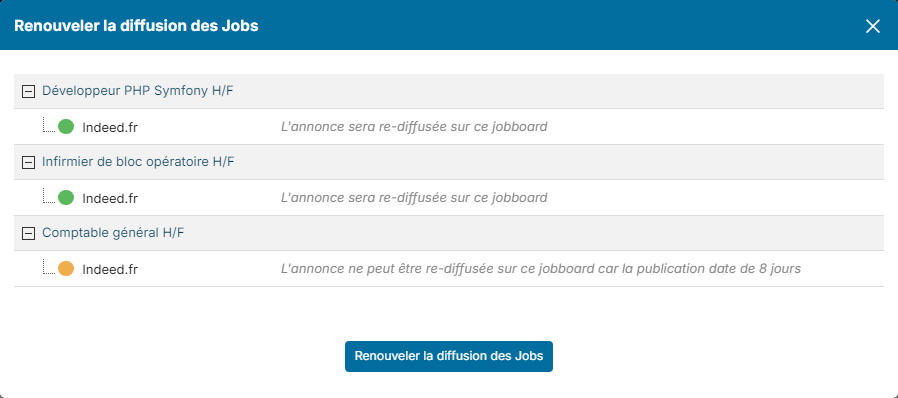 Fenêtre Renouveler la diffusion des Jobs