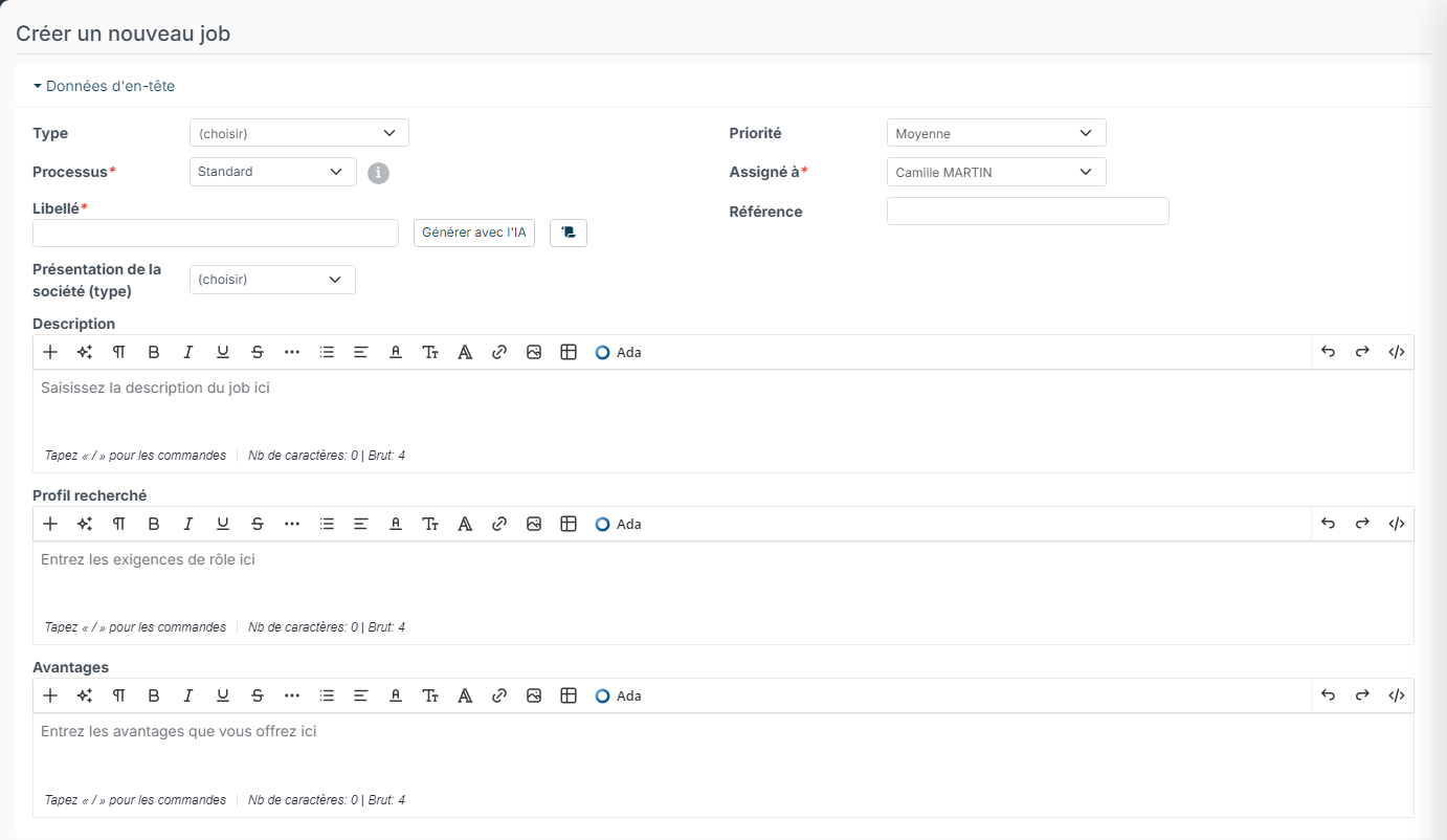 Header Data block of the job creation form